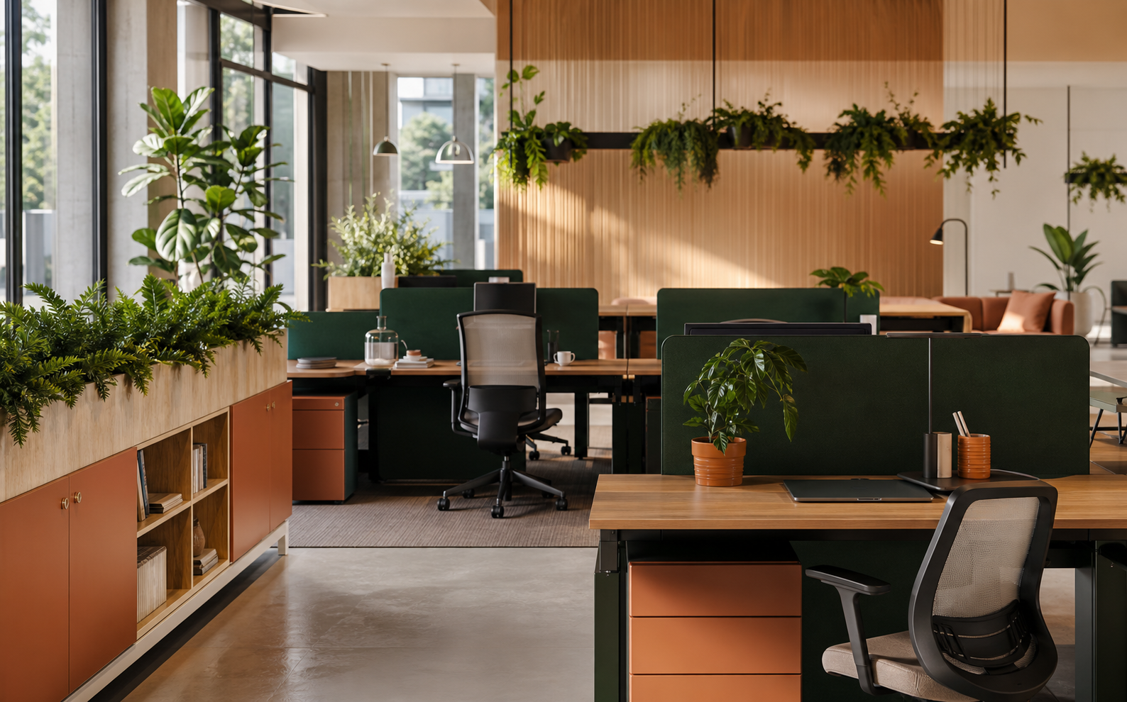 Estações corporativas modulares em ambiente contemporâneo